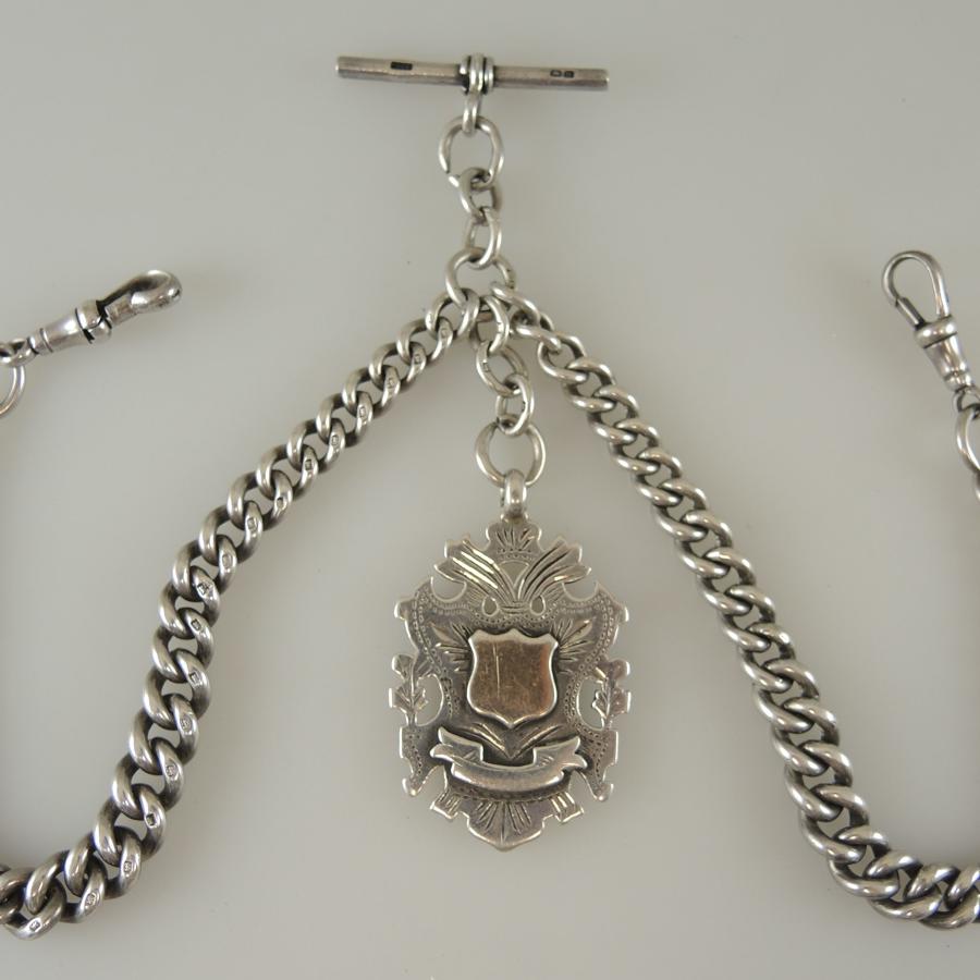 Top Quality and Heavy English Silver Double Watch Chain with Fob. Birm