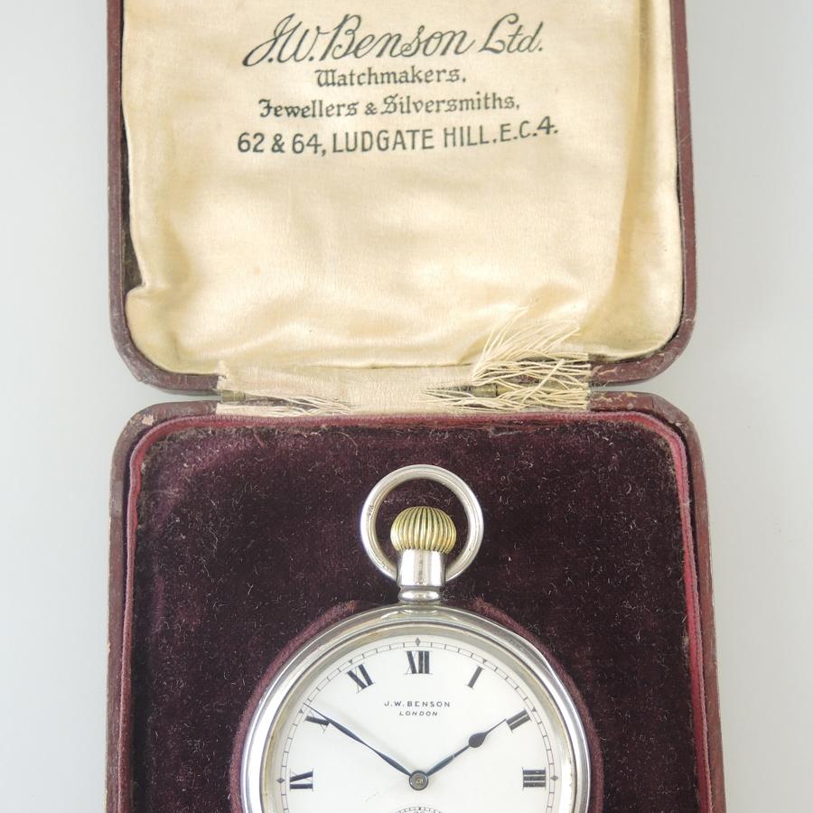 English Silver J W Benson Pocket Watch with original box. c1935