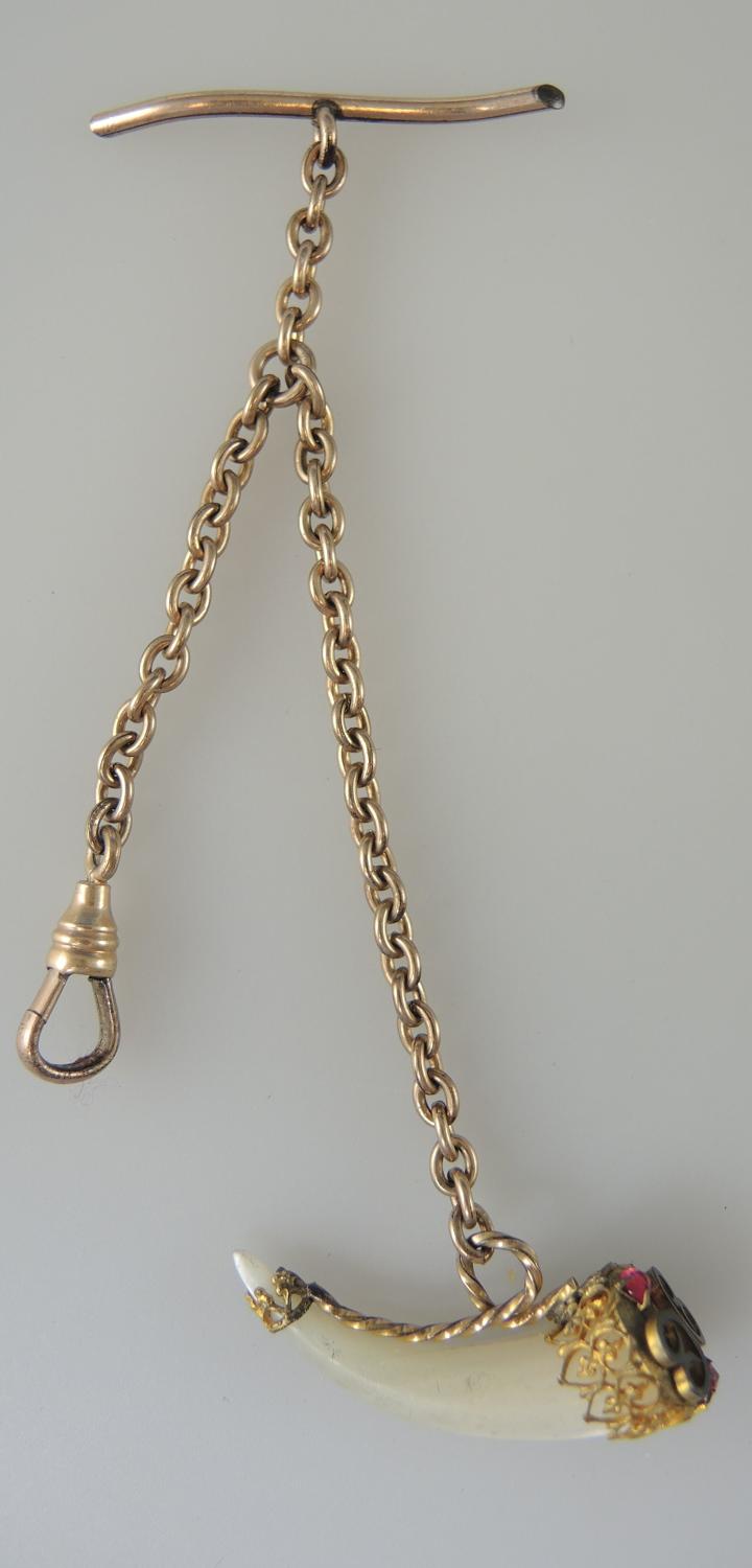 Gilt Watch Chain with a Mother of Pearl Horn Shaped Fob. Circa 1890