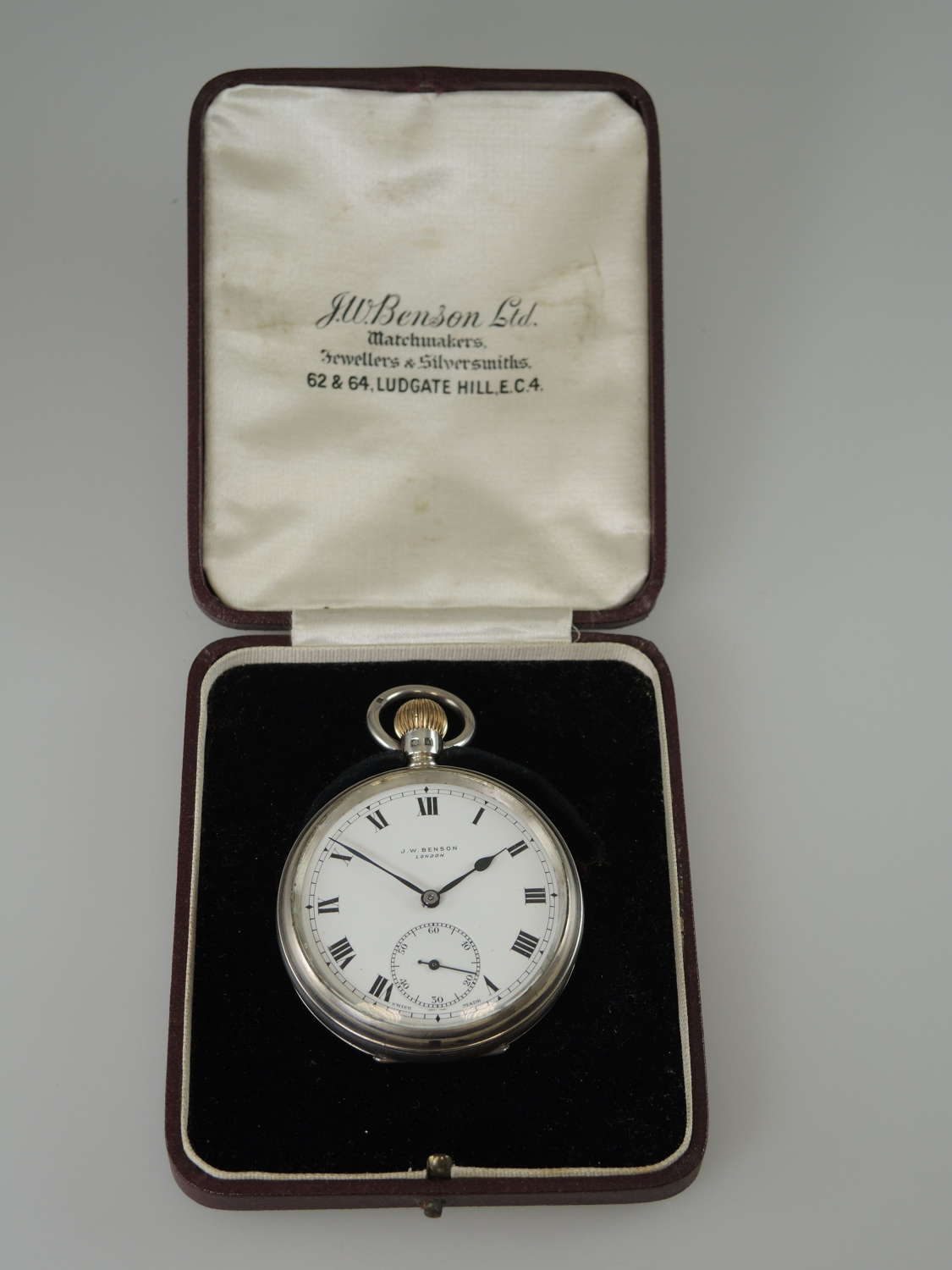 English Silver J W Benson Pocket Watch with original box c 1932