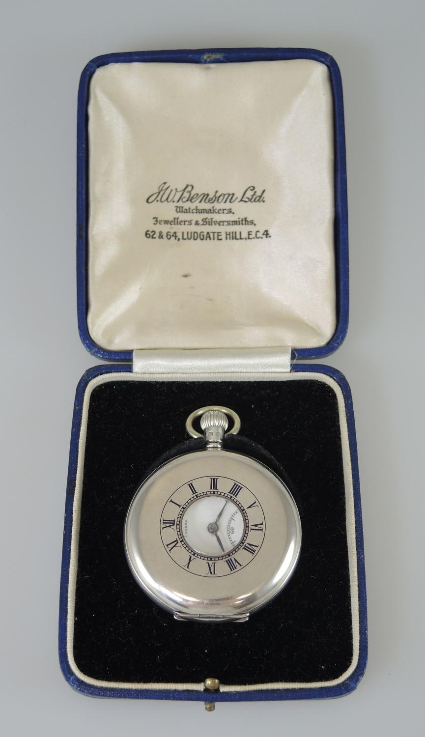 English Silver Half Hunter Pocket Watch by J W BENSON. Orig Box. c1935