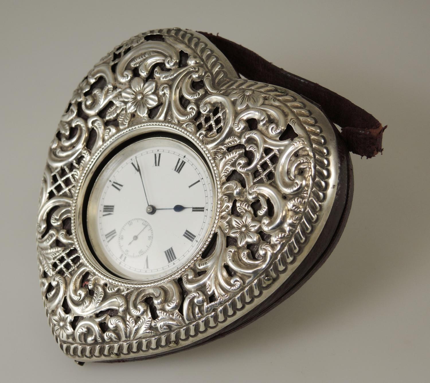 English Silver HEART SHAPED Watch Holder with watch c1910