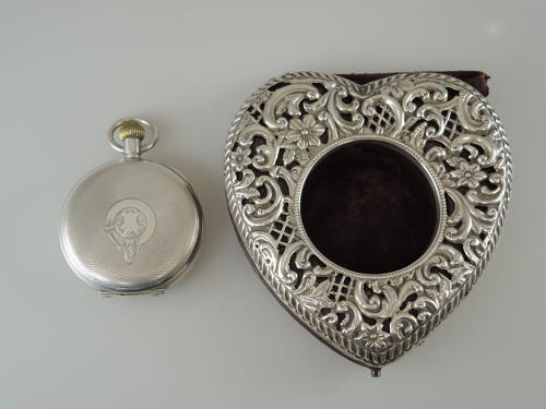 English Silver HEART SHAPED Watch Holder with watch c1910