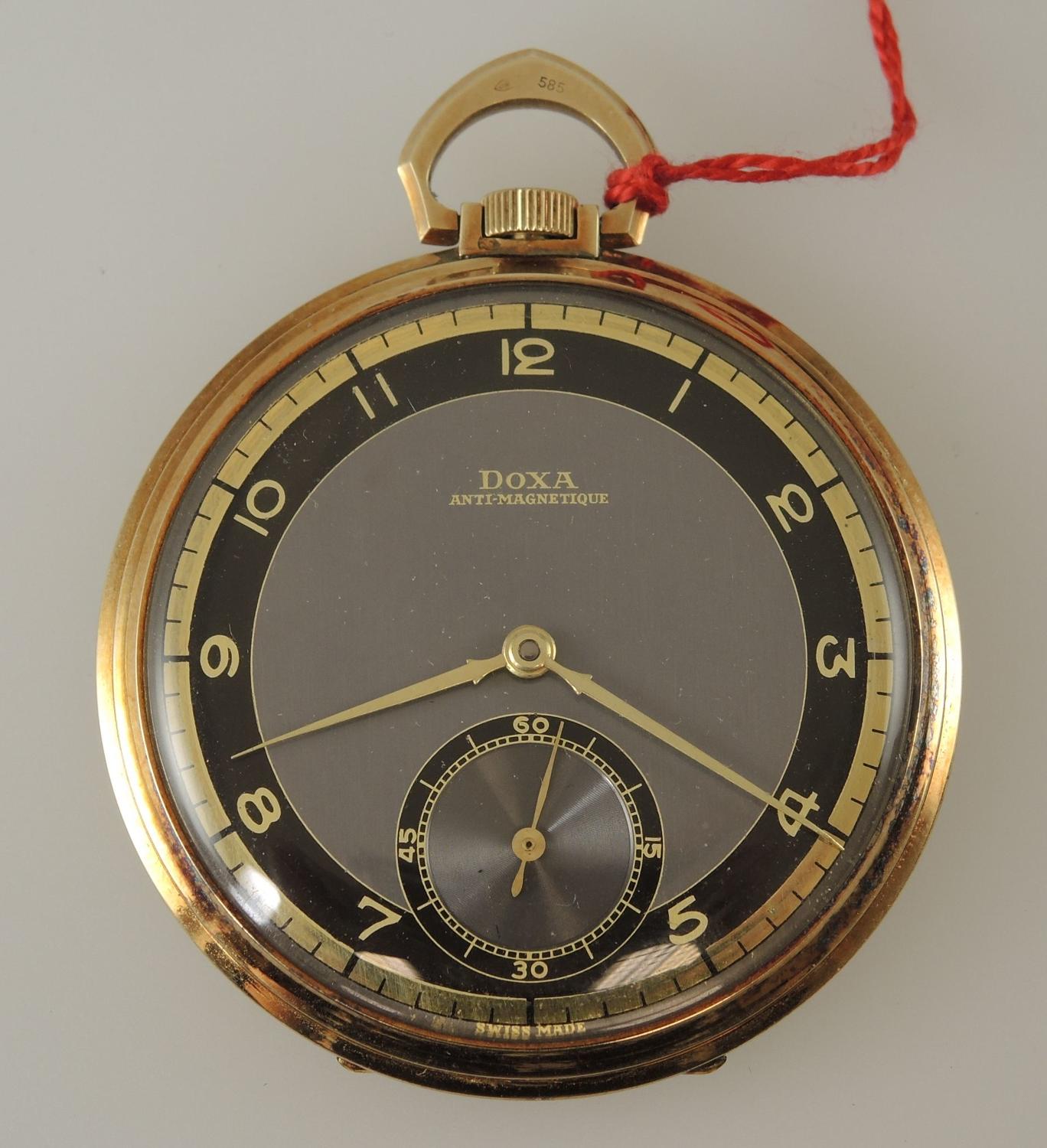 Solid 14K DOXA pocket watch with Box and Tag c1925