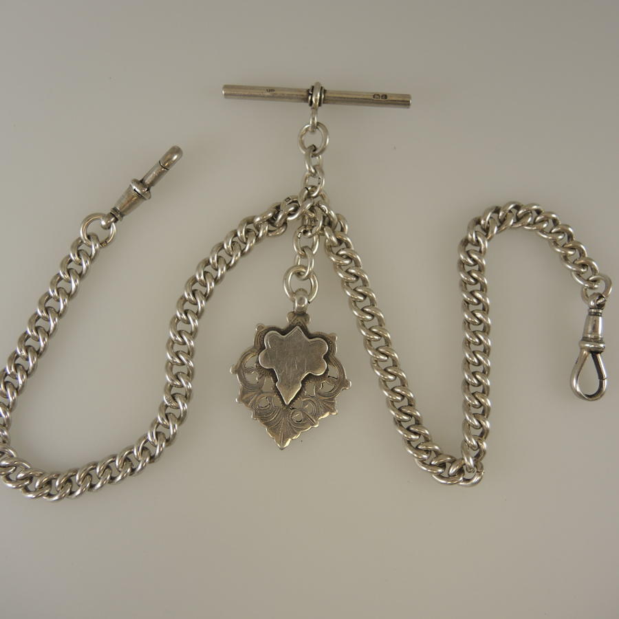 Heavy English Silver Double Watch chain with fob. Birmingham 1924