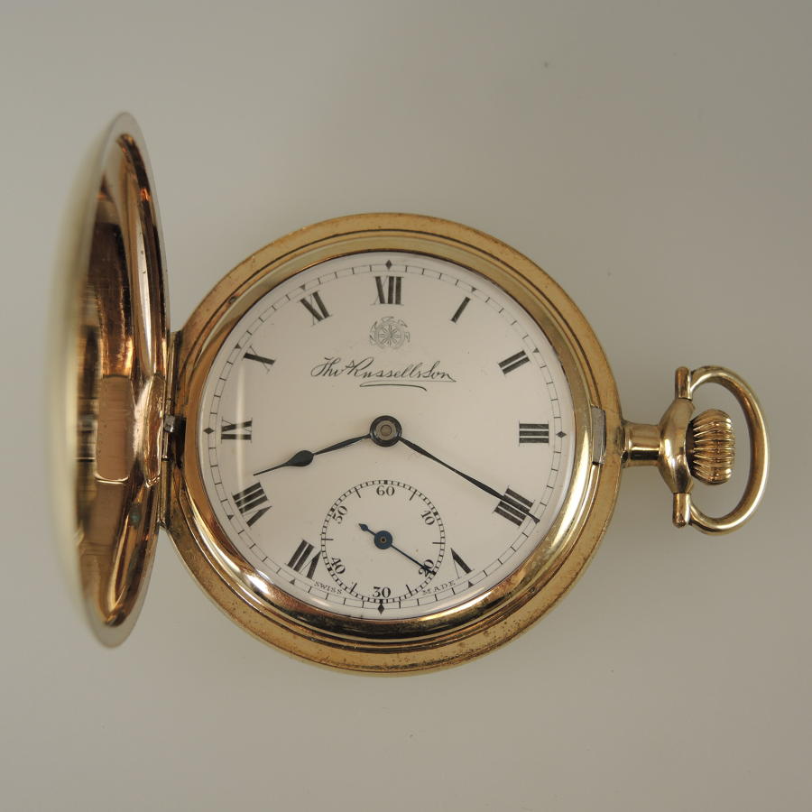 Gold plated antique hunter pocket watch by T Russell c1910