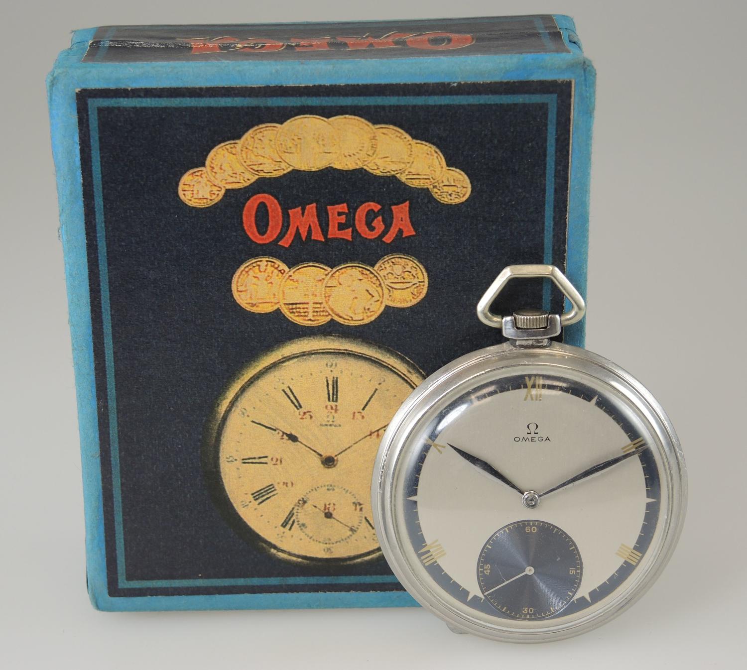 Vintage Omega pocket watch with a Two Tone dial and Box c1929