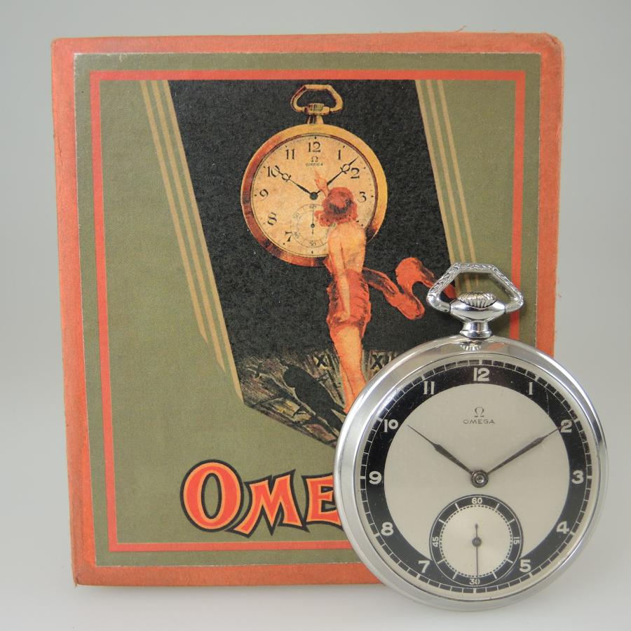 Vintage Omega pocket watch with a Two Tone dial and Box c1943