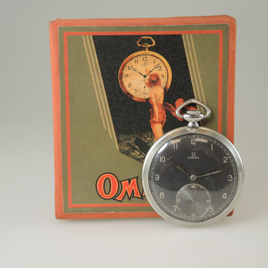 Vintage Black Dial Omega pocket watch with Box c1943