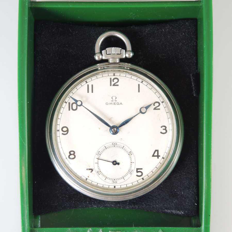 Vintage Steel Omega pocket watch. With bakelite box c1935