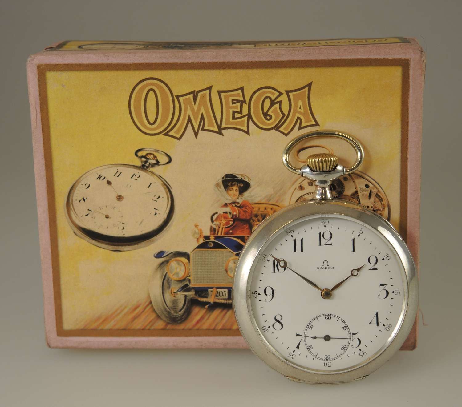 Silver vintage Omega pocket watch. With Box c1915