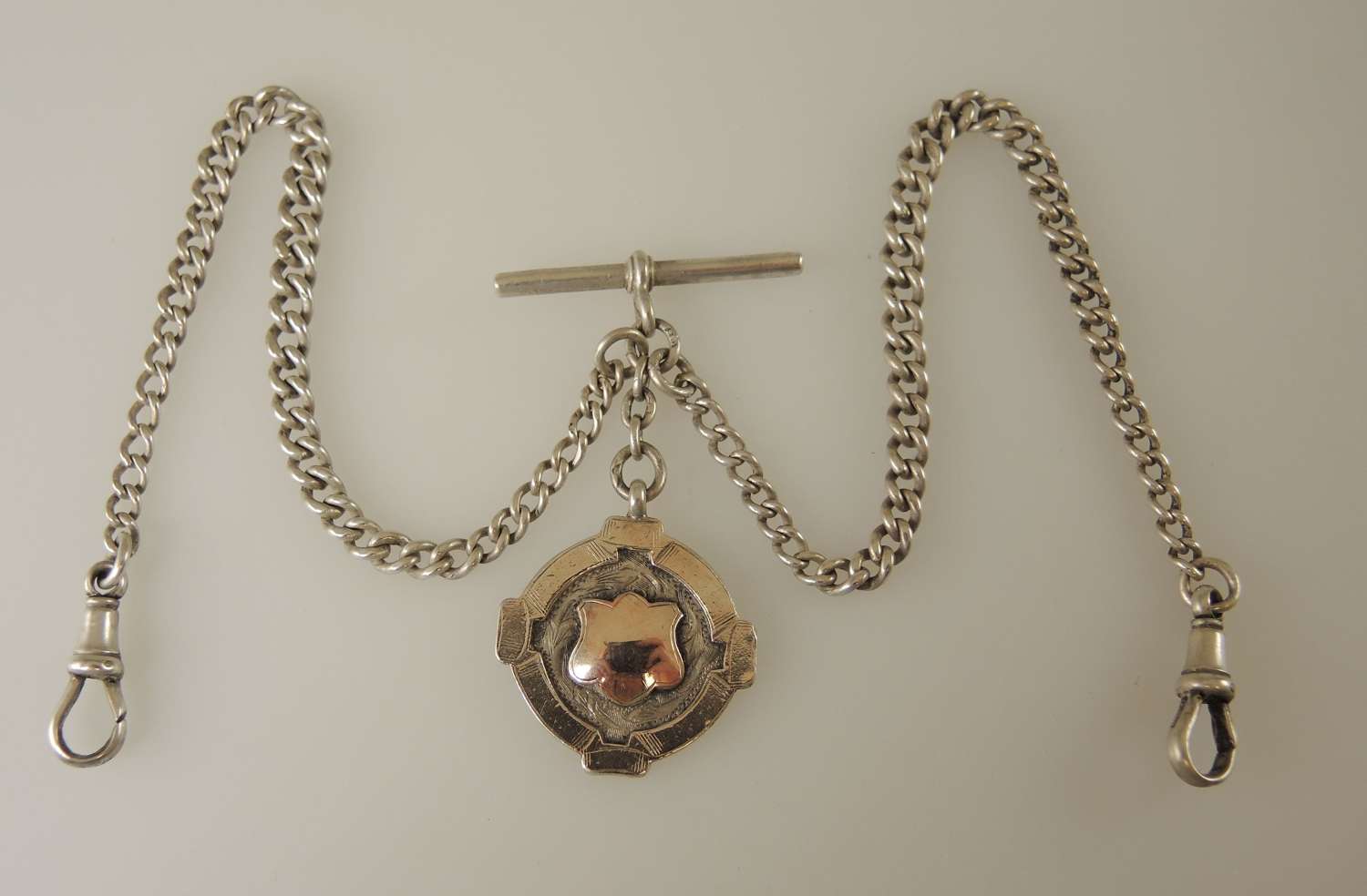 English Silver Double Watch chain with Fob c1913