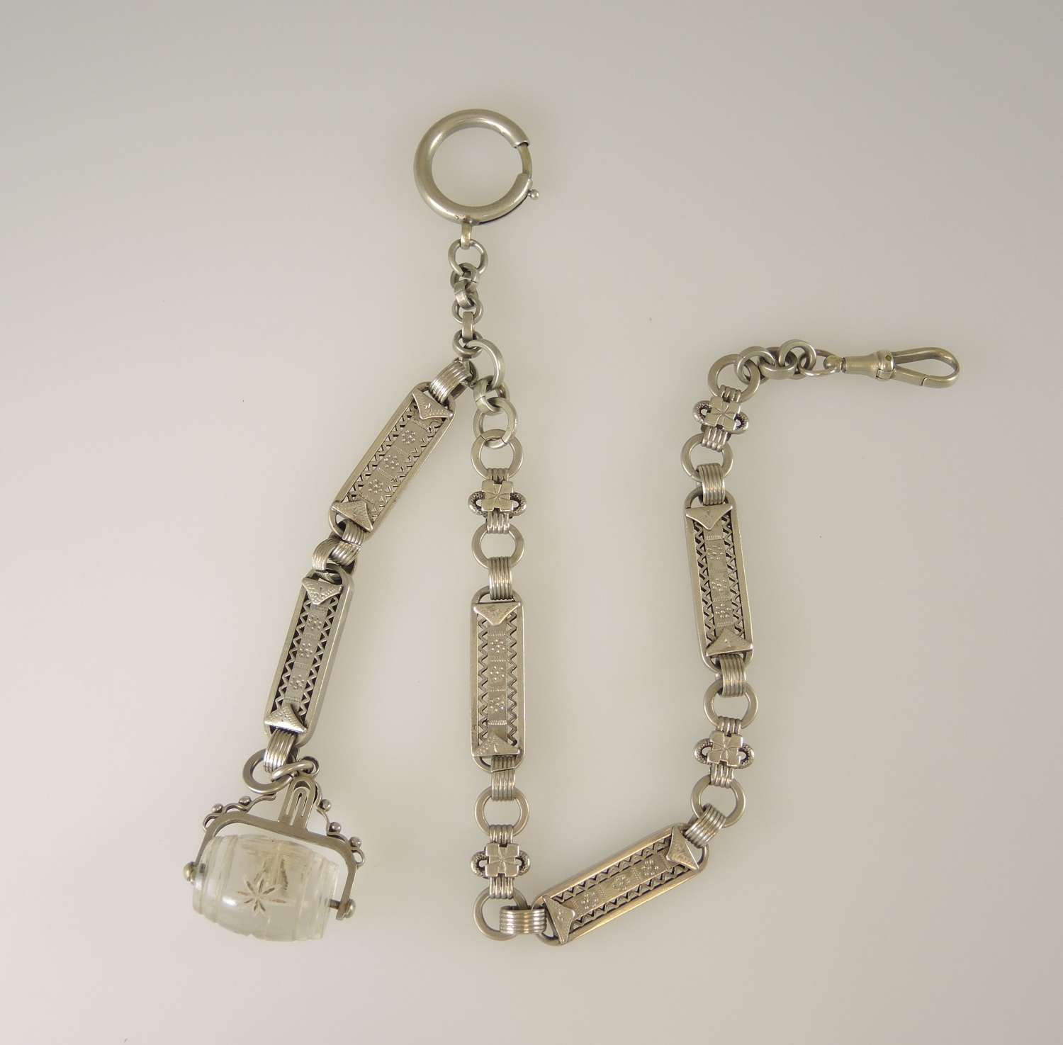 Impressive watch chain with glass barrel spinner fob c1890
