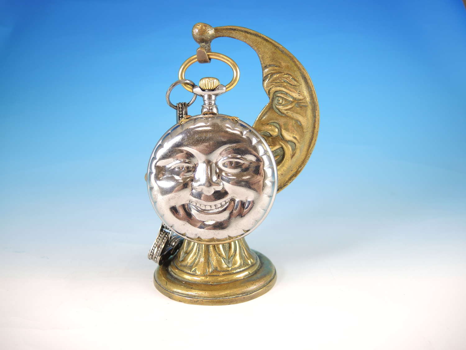Rare Man in the Moon pocket watch with stand and chain c1900