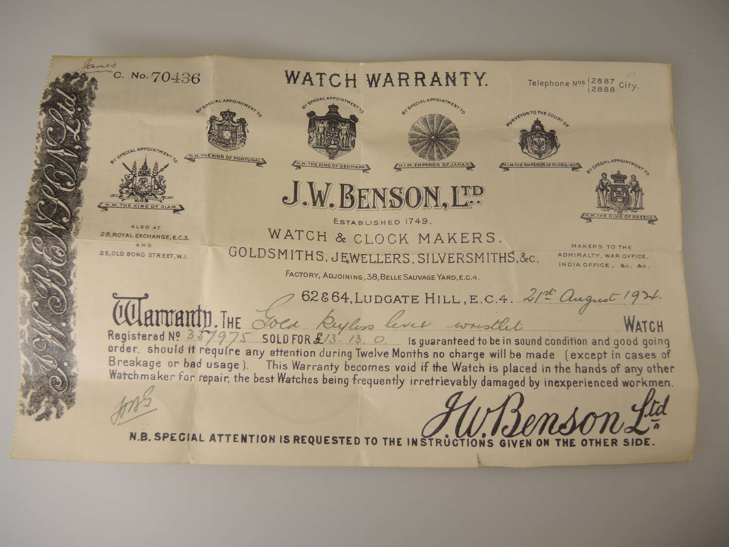 J W Benson Watch Warranty c1924