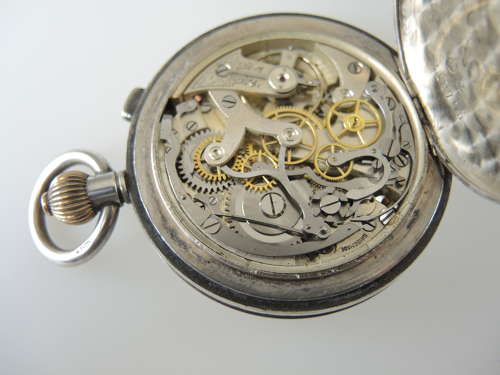 Silver full hunter chronograph pocket watch w/30 minute register c1910