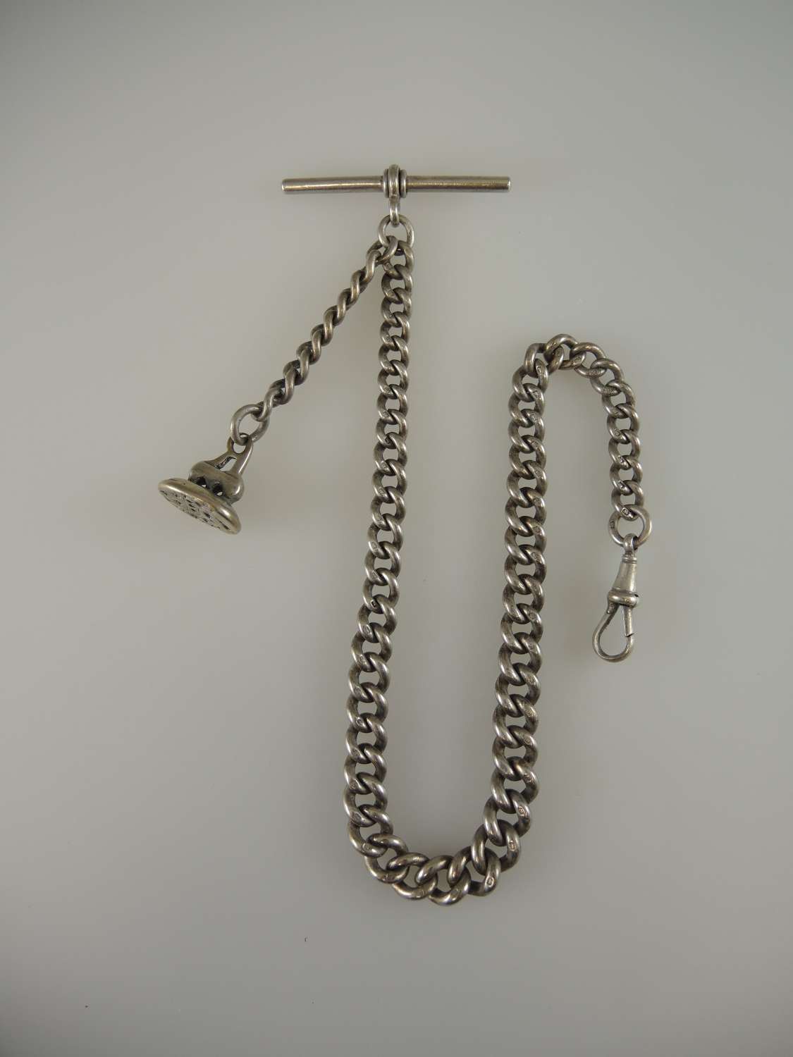 English silver single pocket watch chain and seal fob. Birmingham 1919