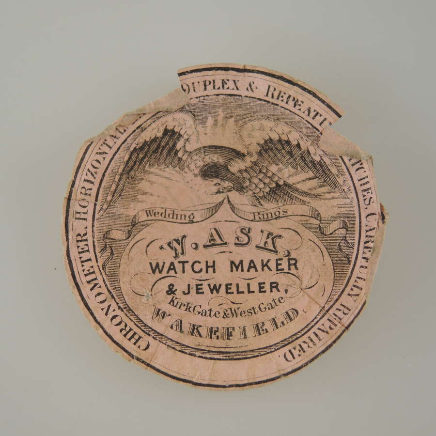 Advertising watch paper, WAKEFIELD c1850