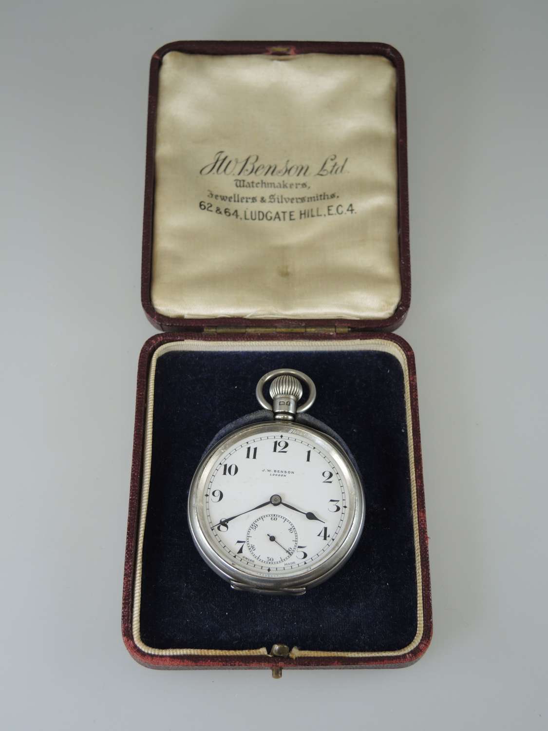 English Silver J W Benson pocket watch with original box c1933