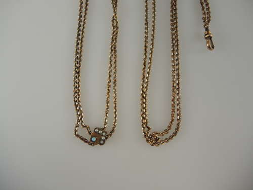 Victorian gold plated long guard chain with stone set slide c1890