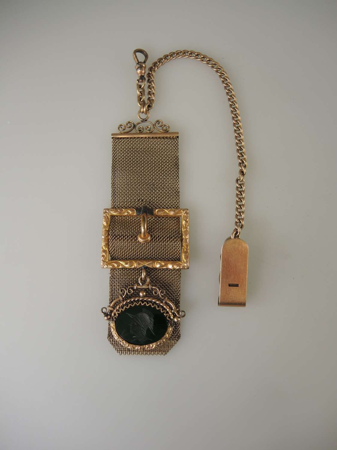 Gold plated watch strap and fob with patent clasp c1890