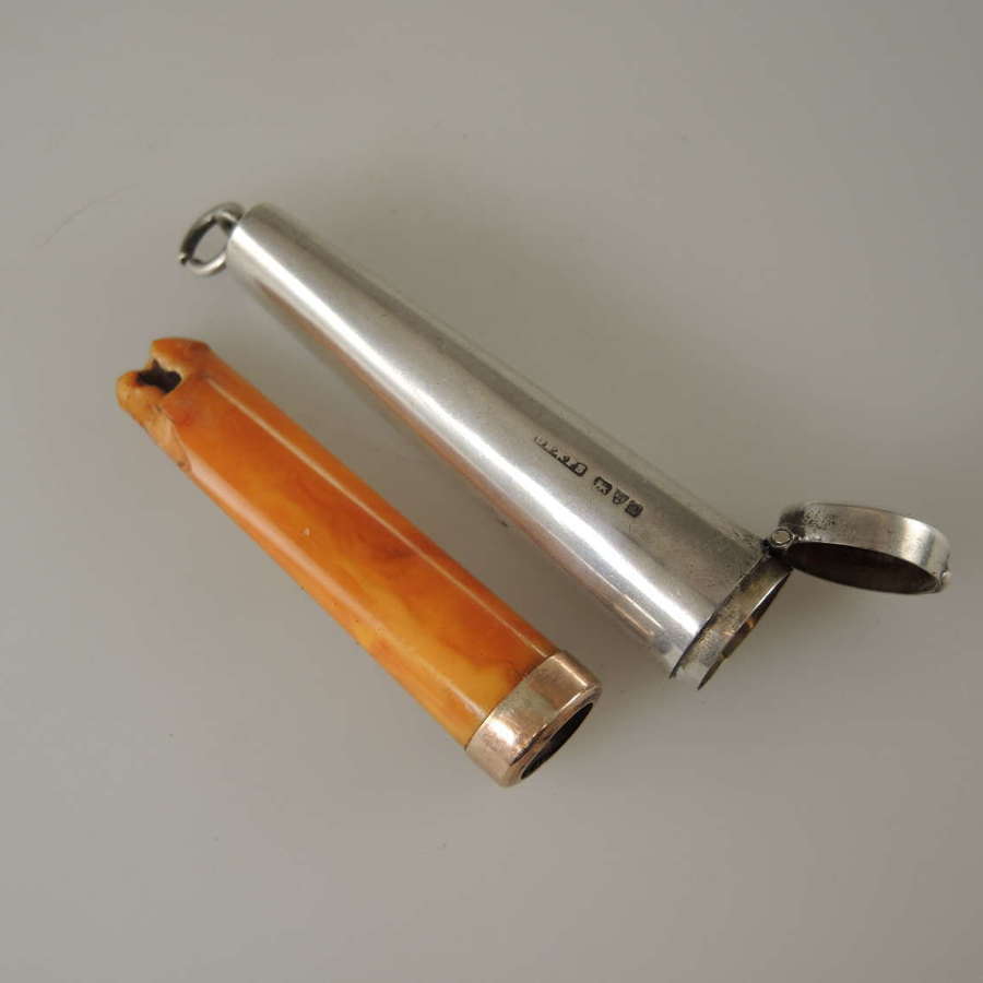 English silver cigarette holder with 9K and Amber holder c1901