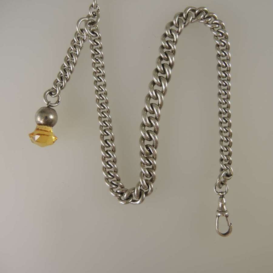 English silver Victorian watch chain with glass fob c1884
