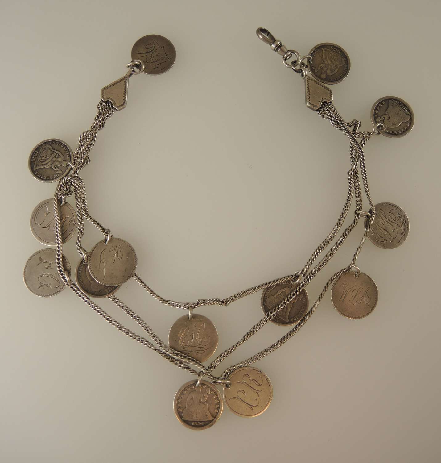Unusual Watch chain made up of Liberty Dime Love Tokens c1890