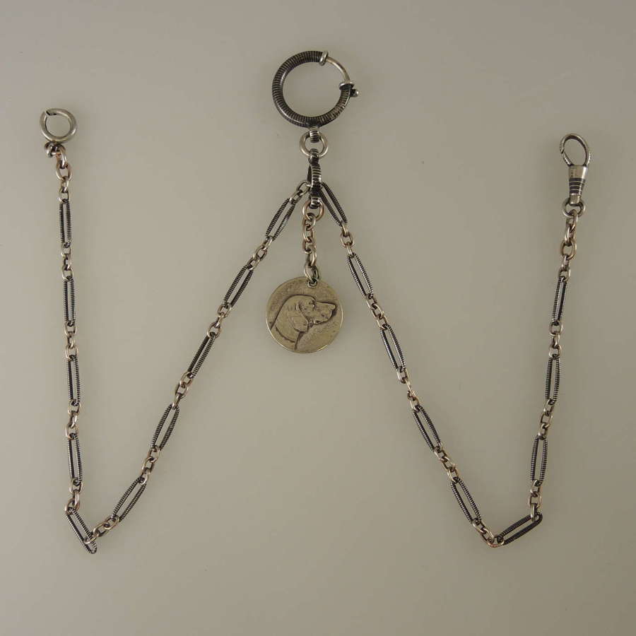 Silver and niello enamel watch chain with dog fob c1910