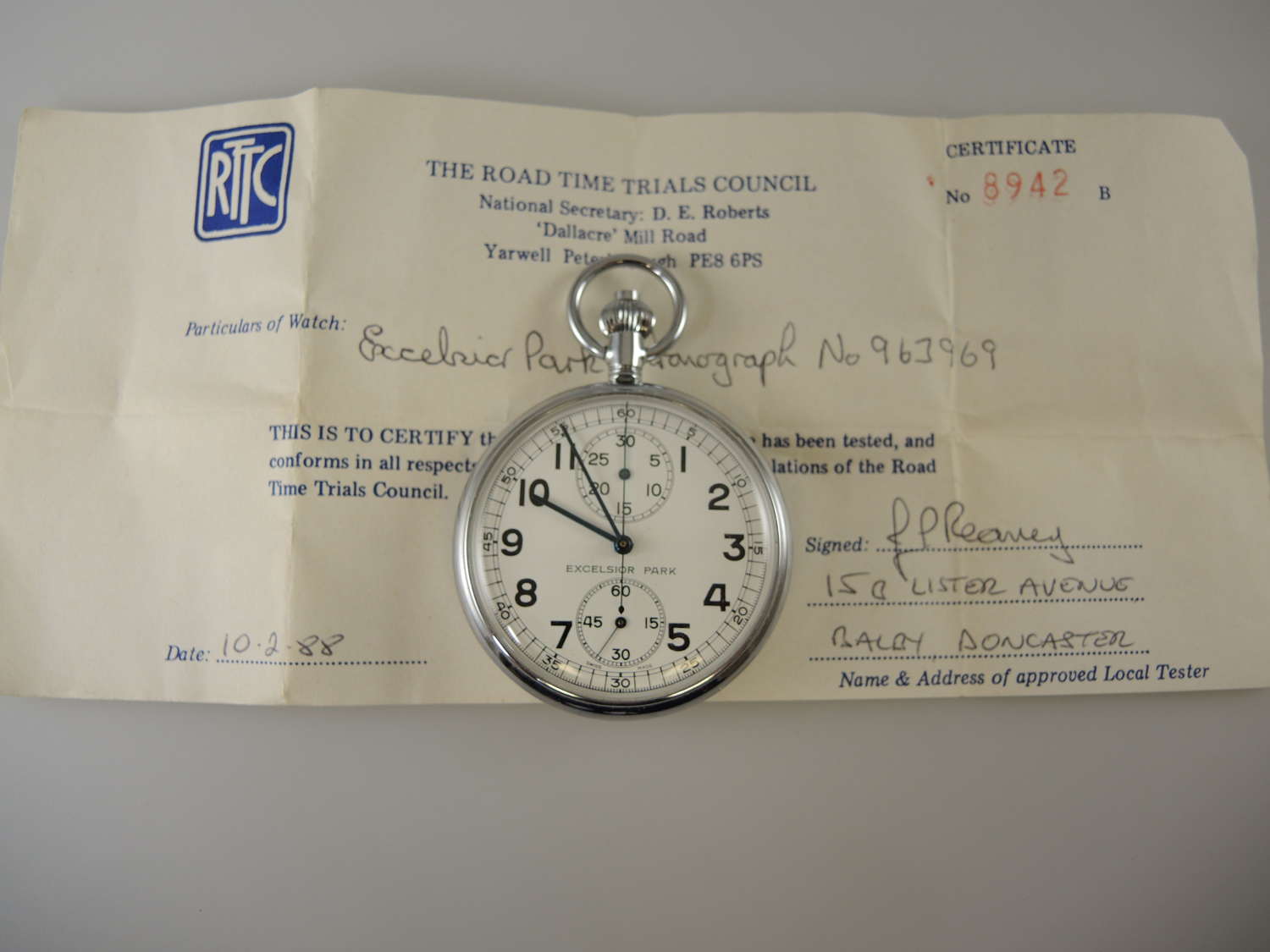 Swiss chronograph pocket watch with Time Trials Certificate c1950