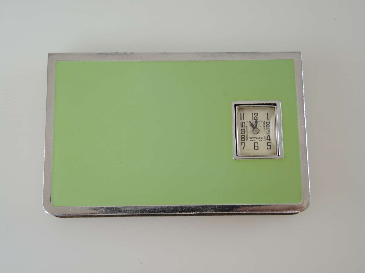 Art Deco green enamel and chrome Watch compact c1930