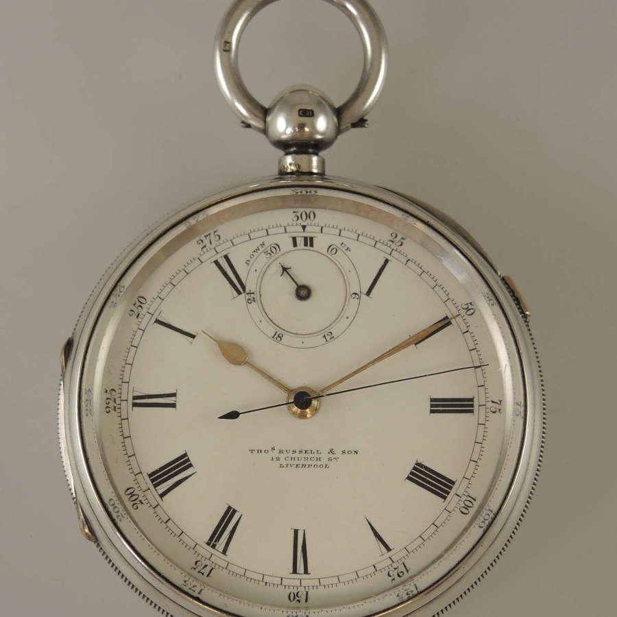 Large English silver fusee centre seconds with wind indicator c1906