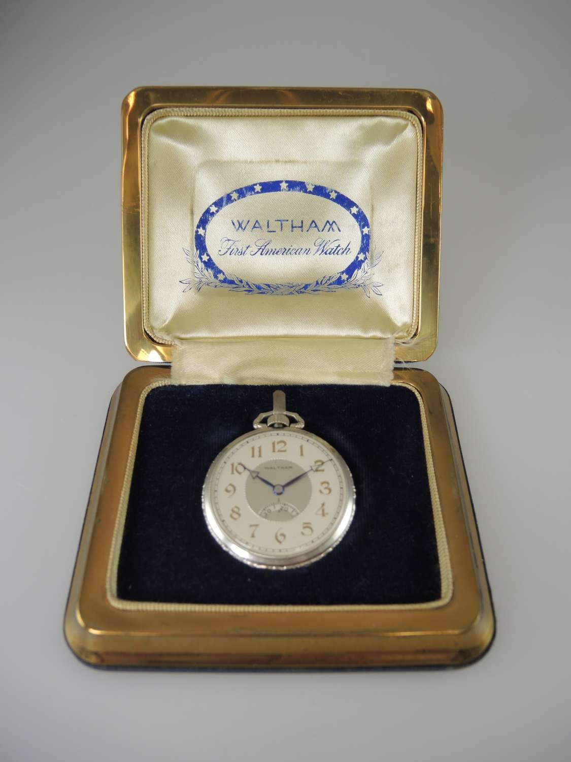 Waltham pocket watch with revolving seconds. With Box c1930