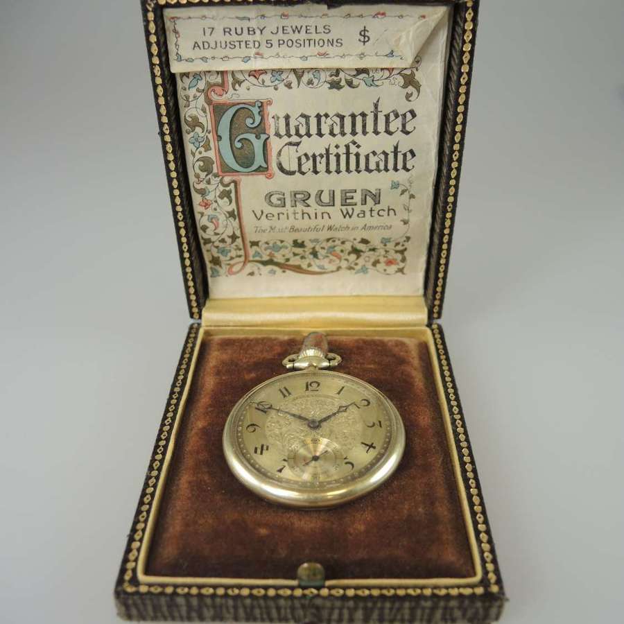 14K gold Gruen Verithin pocket watch with box c1920