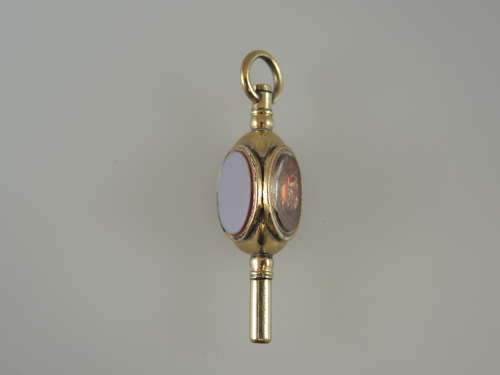 Victorian gilt three sided stone set pocket watch key c1850