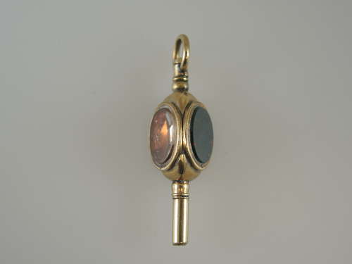 Victorian gilt three sided stone set pocket watch key c1850