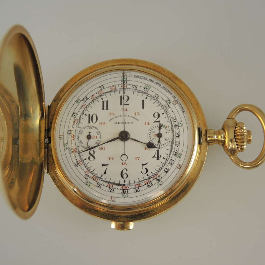 18K gold full hunter pocket watch by Zenith with chronograph c1925