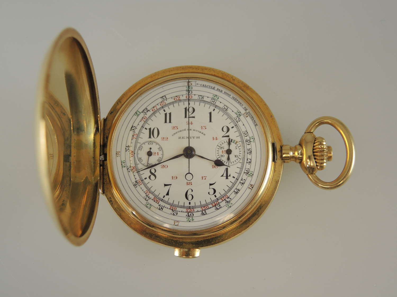18K gold full hunter pocket watch by Zenith with chronograph c1925
