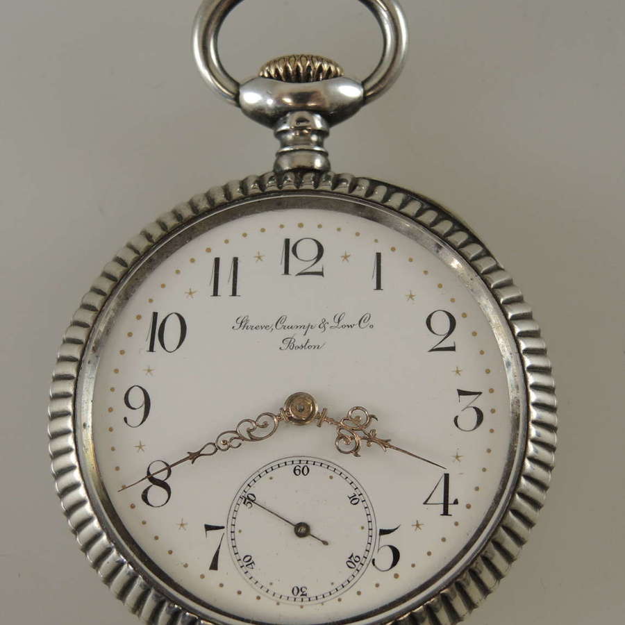 Unusual silver cased pocket watch. Sold by Shreve, Crump & Low, Boston