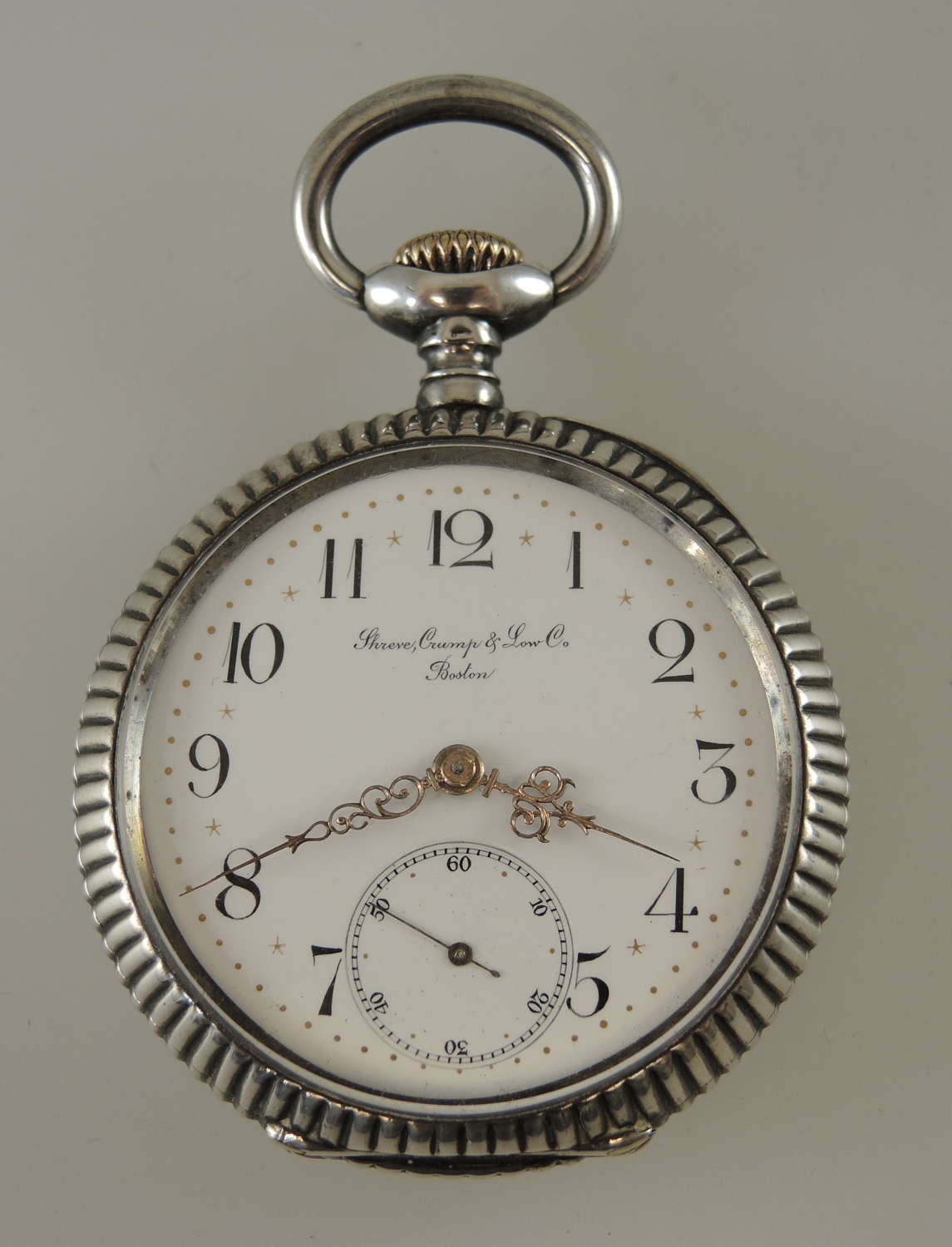 Unusual silver cased pocket watch. Sold by Shreve, Crump & Low, Boston