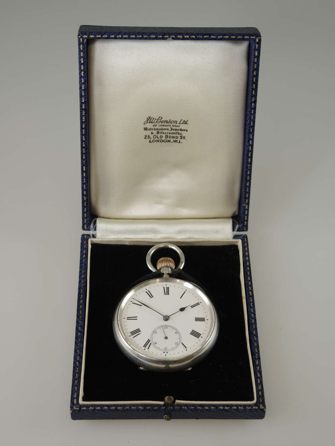 Antique silver pocket watch by J W Benson with box c1910