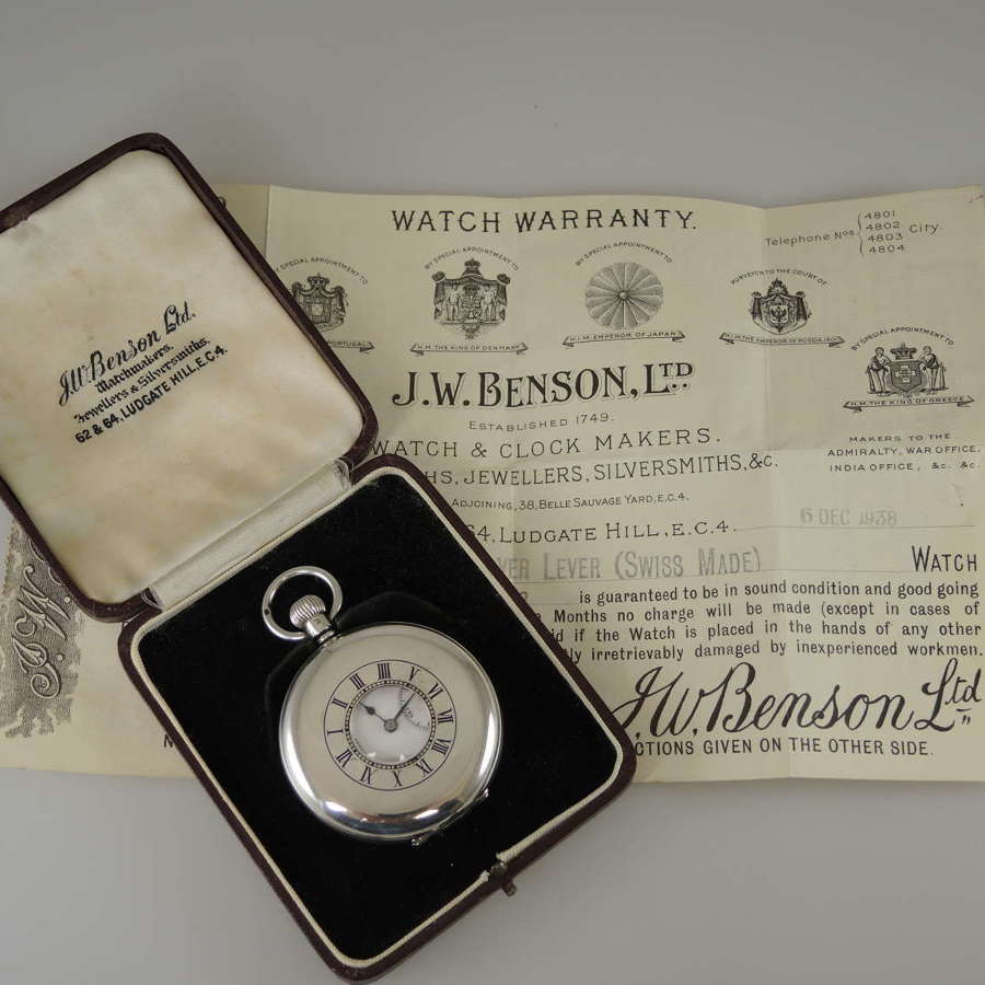 Silver vintage J W Benson half hunter pocket watch. Box & papers 1938