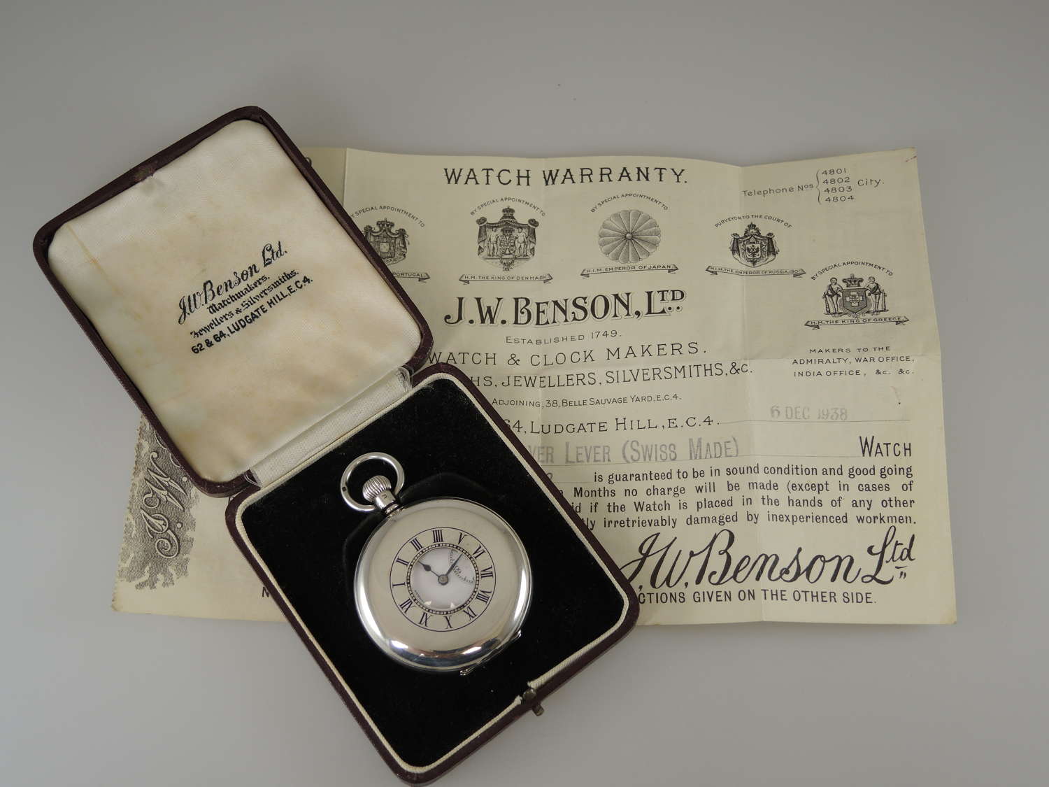 Silver vintage J W Benson half hunter pocket watch. Box & papers 1938