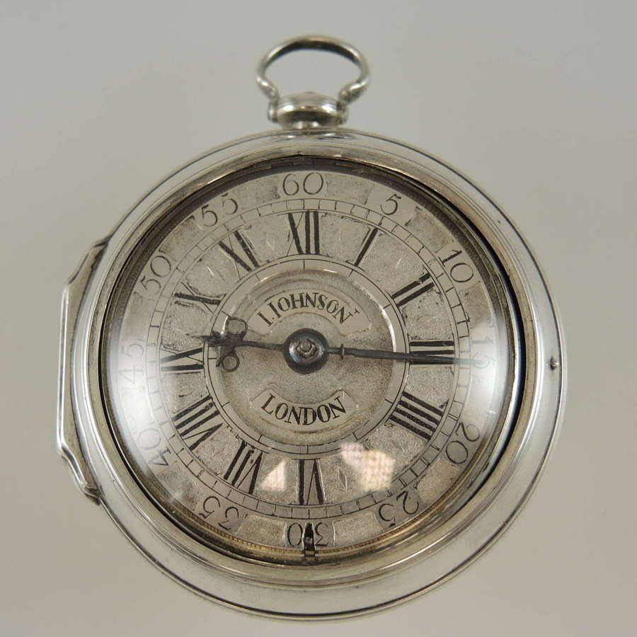 English silver champeleve dial verge pocket watch by Johnson c1751