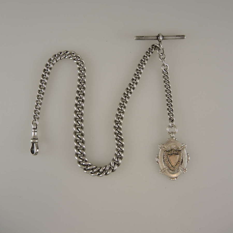 Antique English silver watch chain with fob c1912