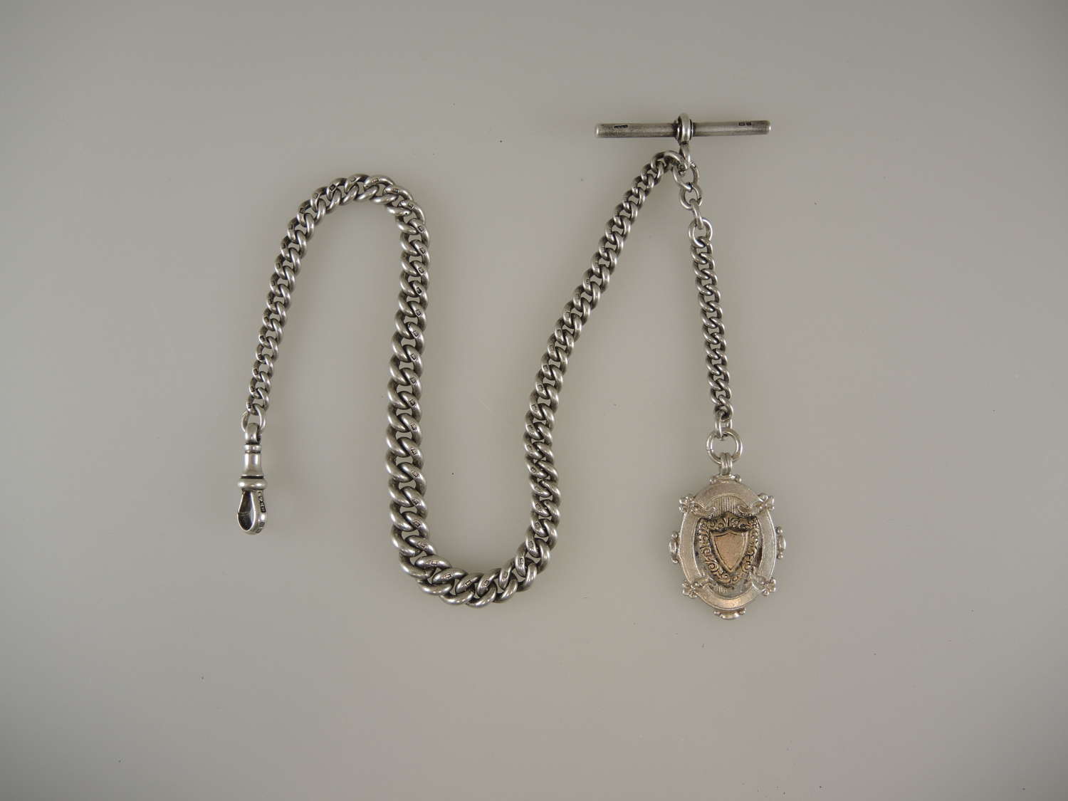 Antique English silver watch chain with fob c1912