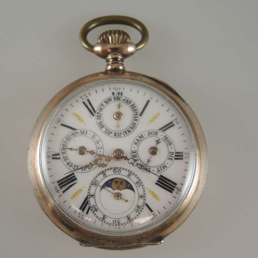 Antique silver calendar moonphase pocket watch c1890