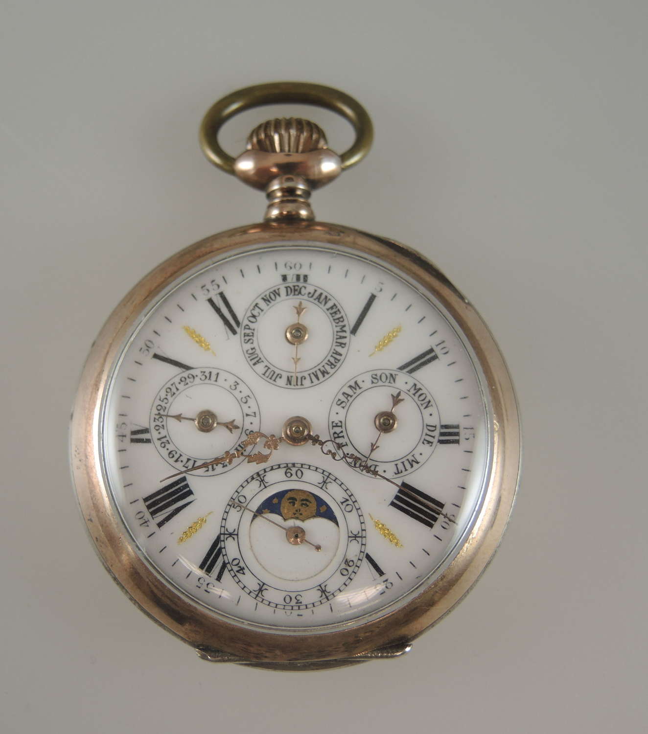 Antique silver calendar moonphase pocket watch c1890
