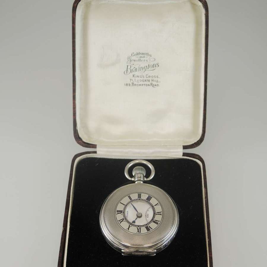 Mint example of a silver half hunter pocket watch by Bravington c1943
