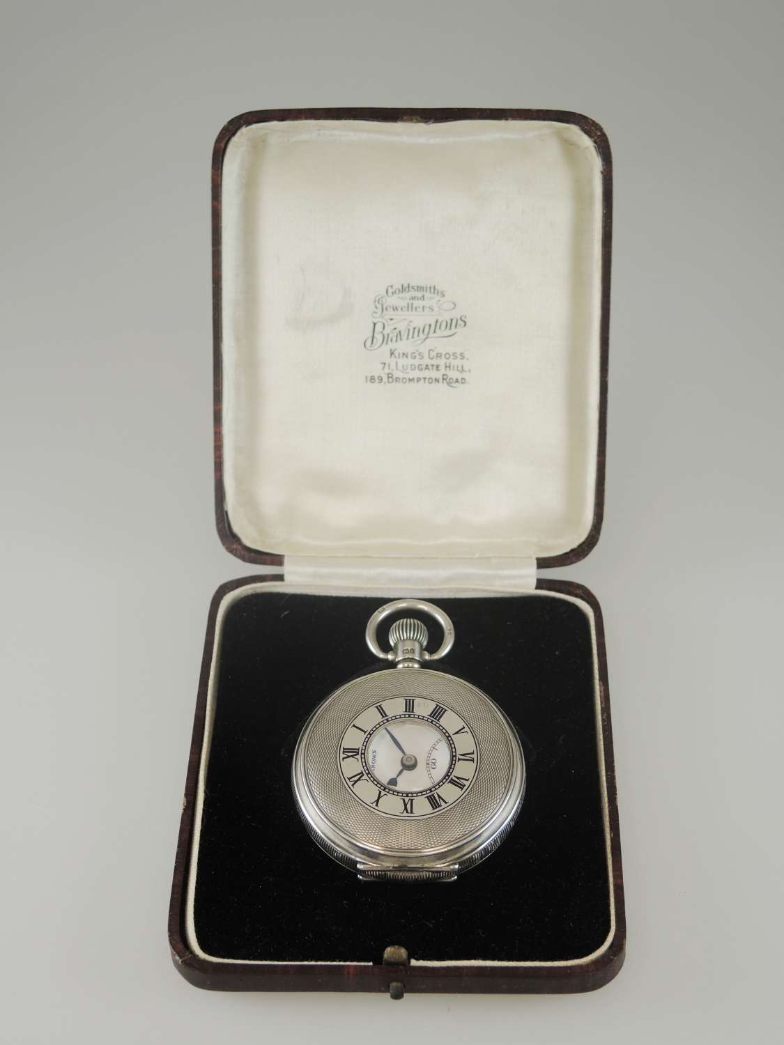 Mint example of a silver half hunter pocket watch by Bravington c1943